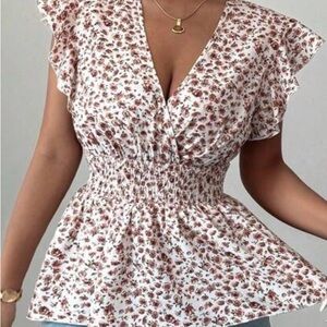 SHEIN White and Pink Floral Smocked Blouse